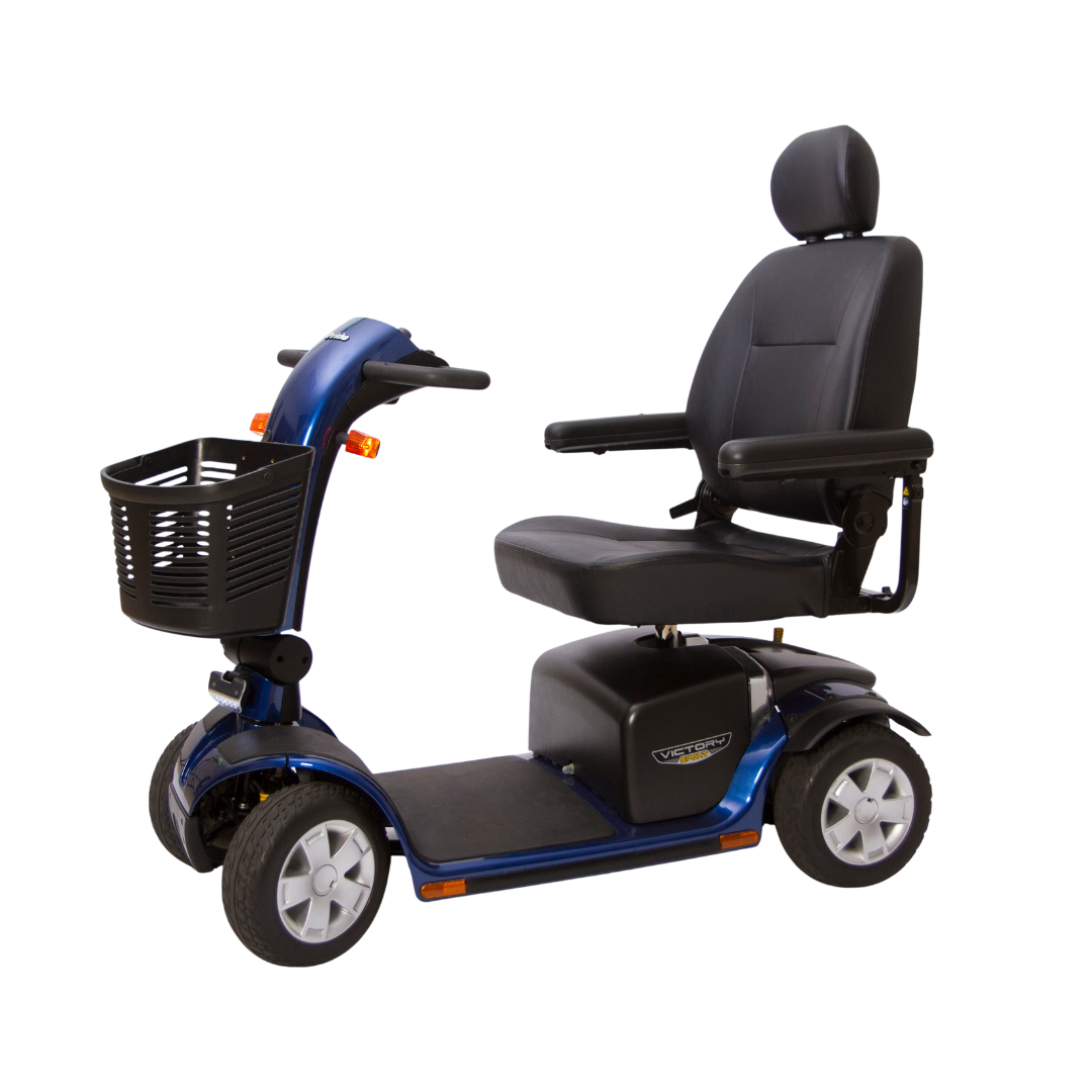 A Pride Mobility Victory® 10 4-Wheel Scooter with EZ Turn in blue is shown on a white background, featuring a black cushioned seat with armrests, headrest, and a front basket.